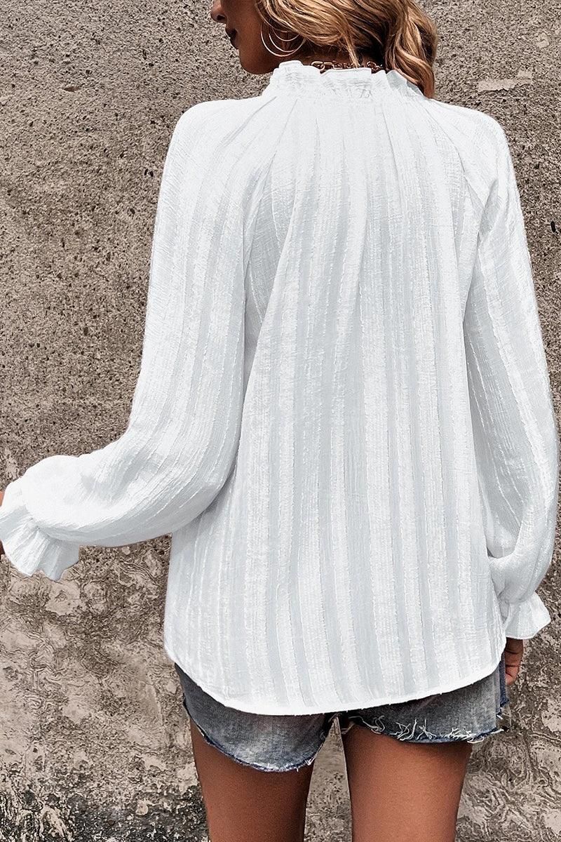 WOMEN BUTTON UP SHIRRED NECK LOOSE FIT BLOUSE - Doublju