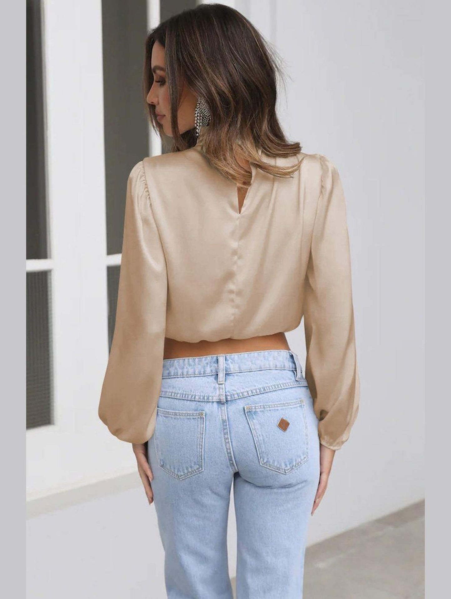 WOMEN HIGH NECK LONG SLEEVE CROP BLOUSE