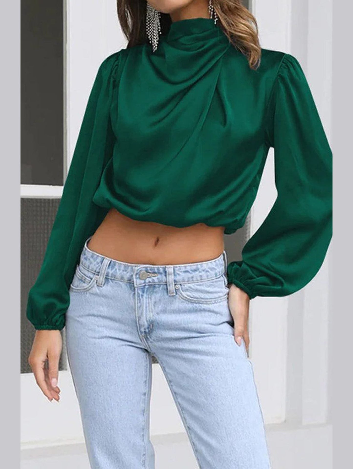 WOMEN HIGH NECK LONG SLEEVE CROP BLOUSE