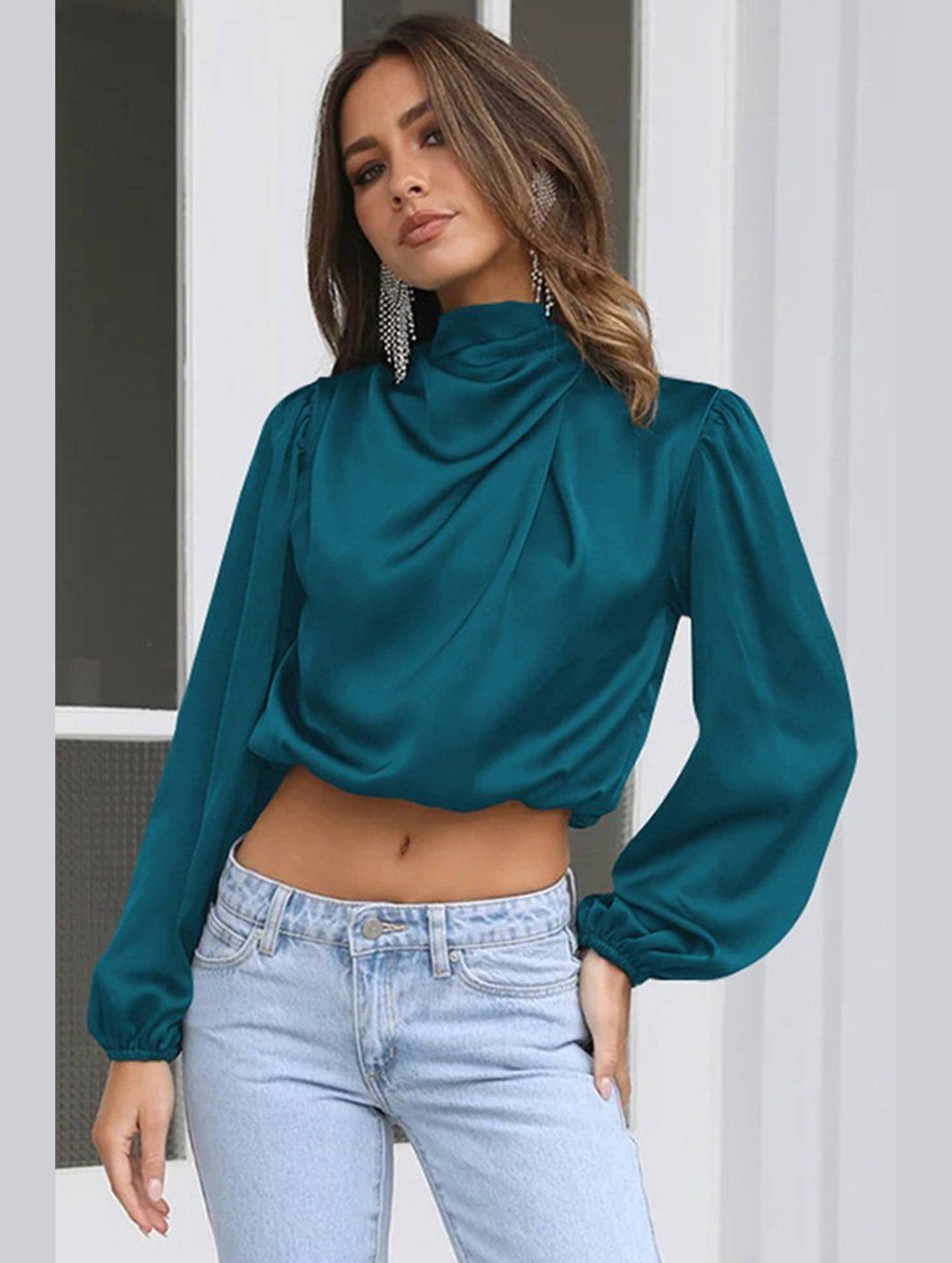 WOMEN HIGH NECK LONG SLEEVE CROP BLOUSE