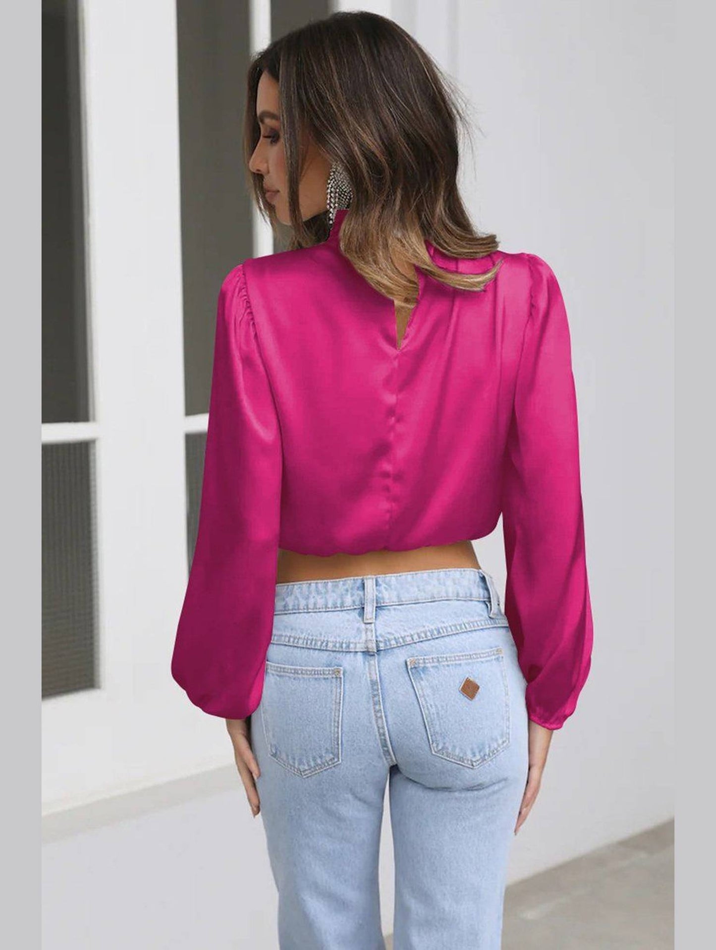 WOMEN HIGH NECK LONG SLEEVE CROP BLOUSE