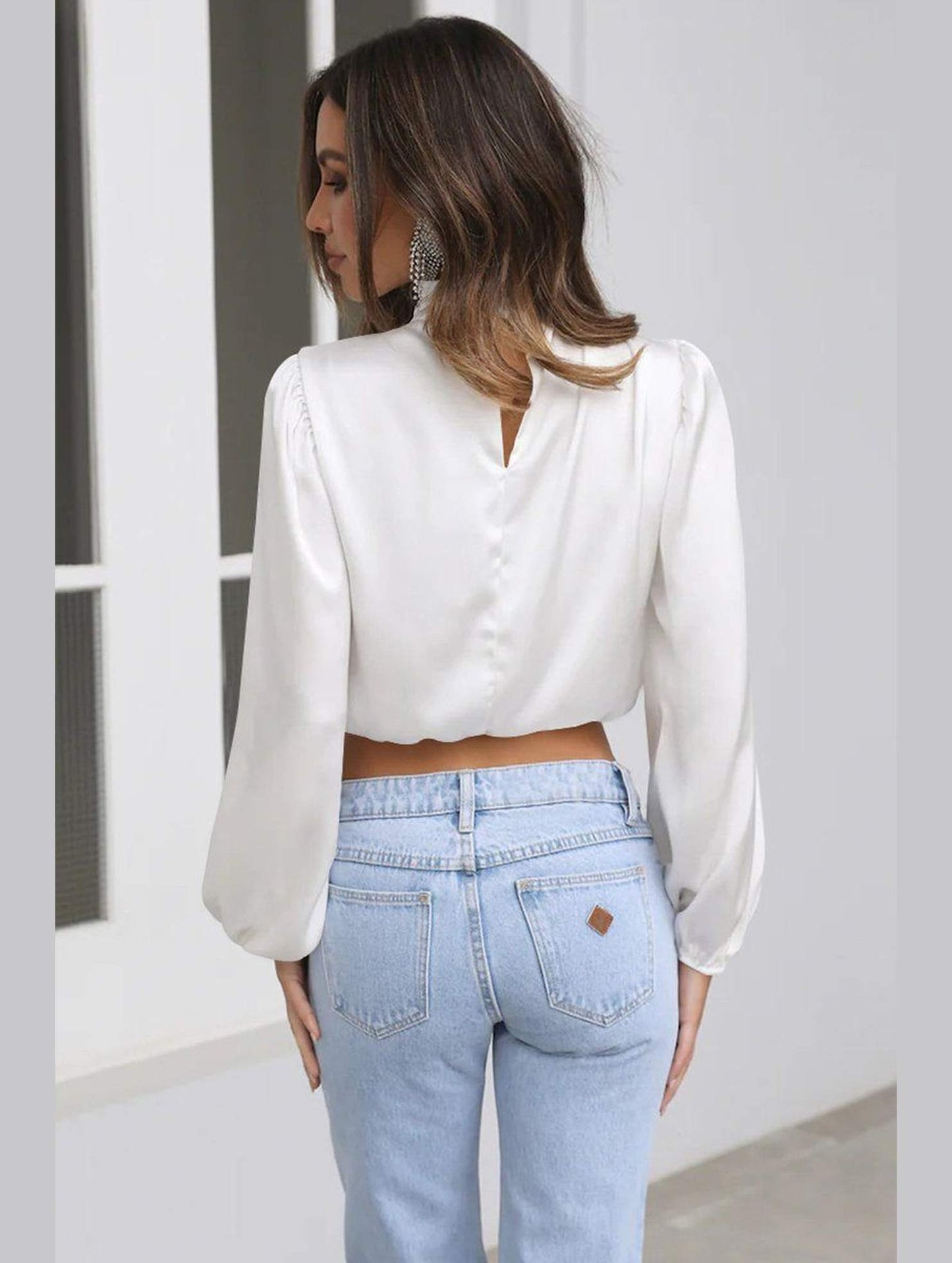 WOMEN HIGH NECK LONG SLEEVE CROP BLOUSE