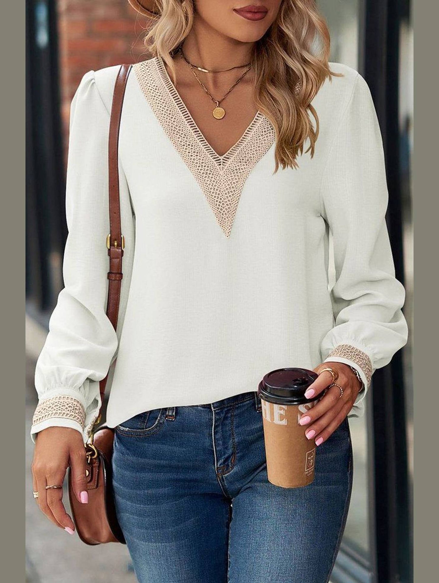 WOMEN GUIPURE NECK AND CUFF DAILY BLOUSE