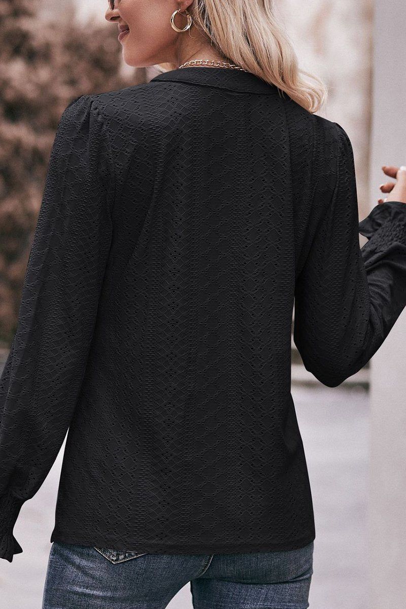WOMEN EYELET SMOCKED CUFF SLEEVE V NECK BLOUSE