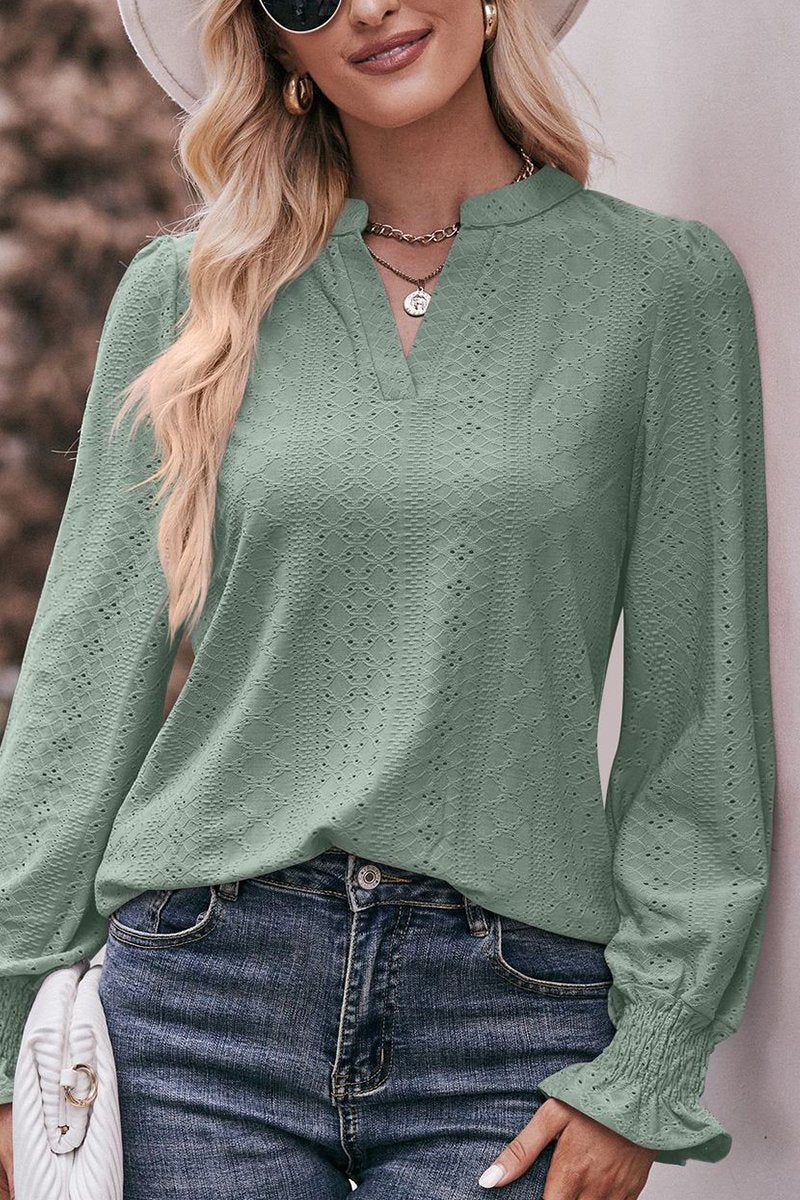 WOMEN EYELET SMOCKED CUFF SLEEVE V NECK BLOUSE