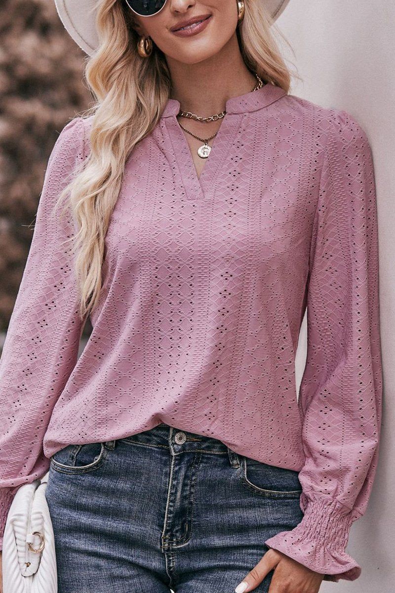 WOMEN EYELET SMOCKED CUFF SLEEVE V NECK BLOUSE
