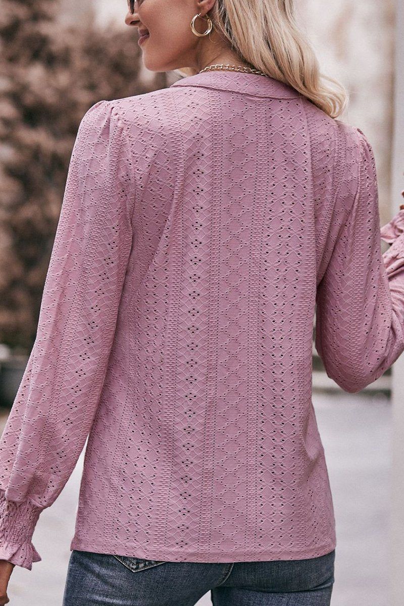 WOMEN EYELET SMOCKED CUFF SLEEVE V NECK BLOUSE