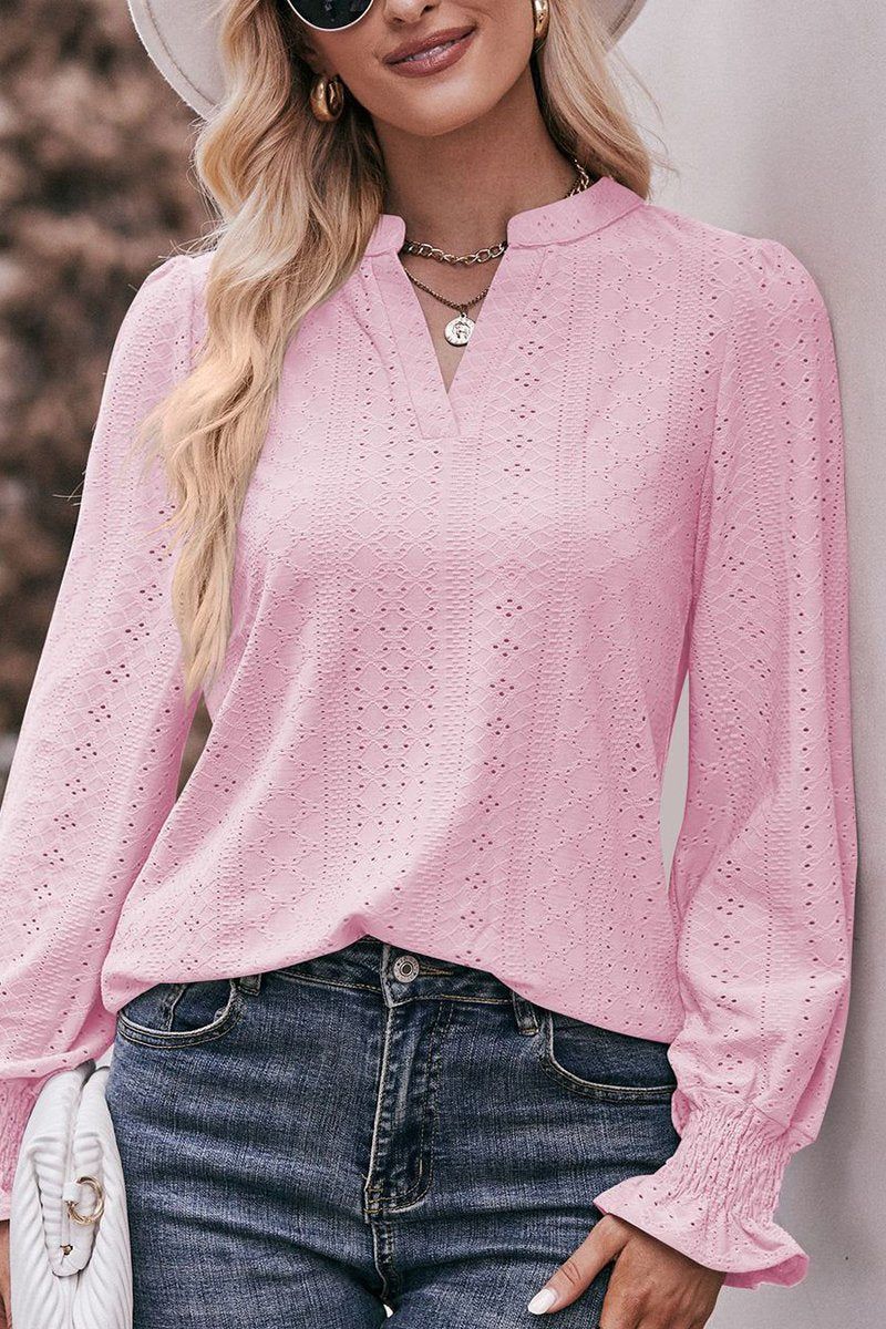 WOMEN EYELET SMOCKED CUFF SLEEVE V NECK BLOUSE