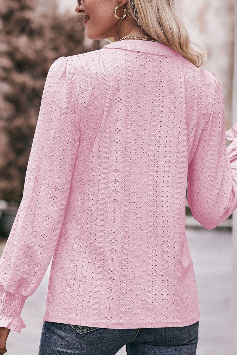 WOMEN EYELET SMOCKED CUFF SLEEVE V NECK BLOUSE
