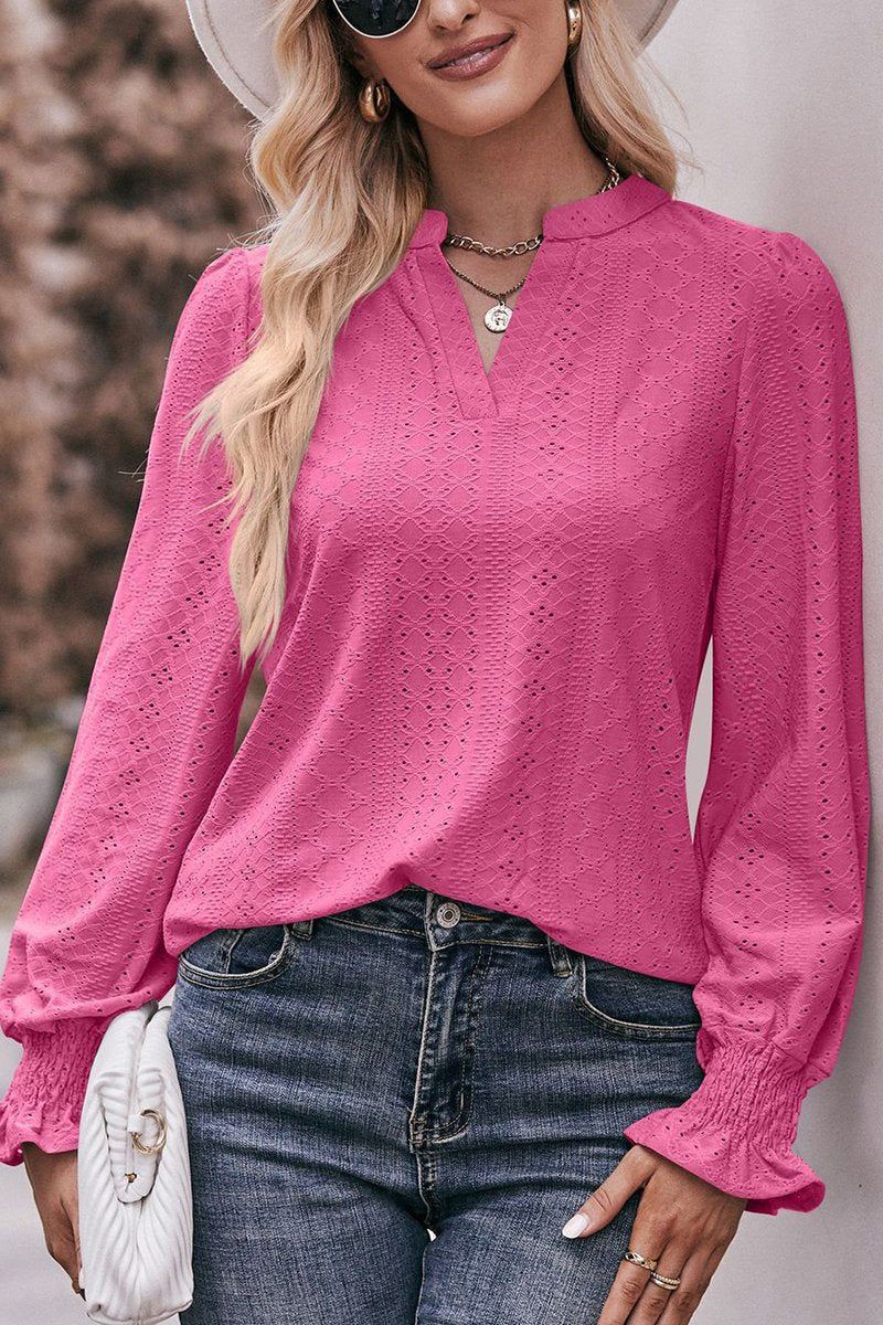 WOMEN EYELET SMOCKED CUFF SLEEVE V NECK BLOUSE
