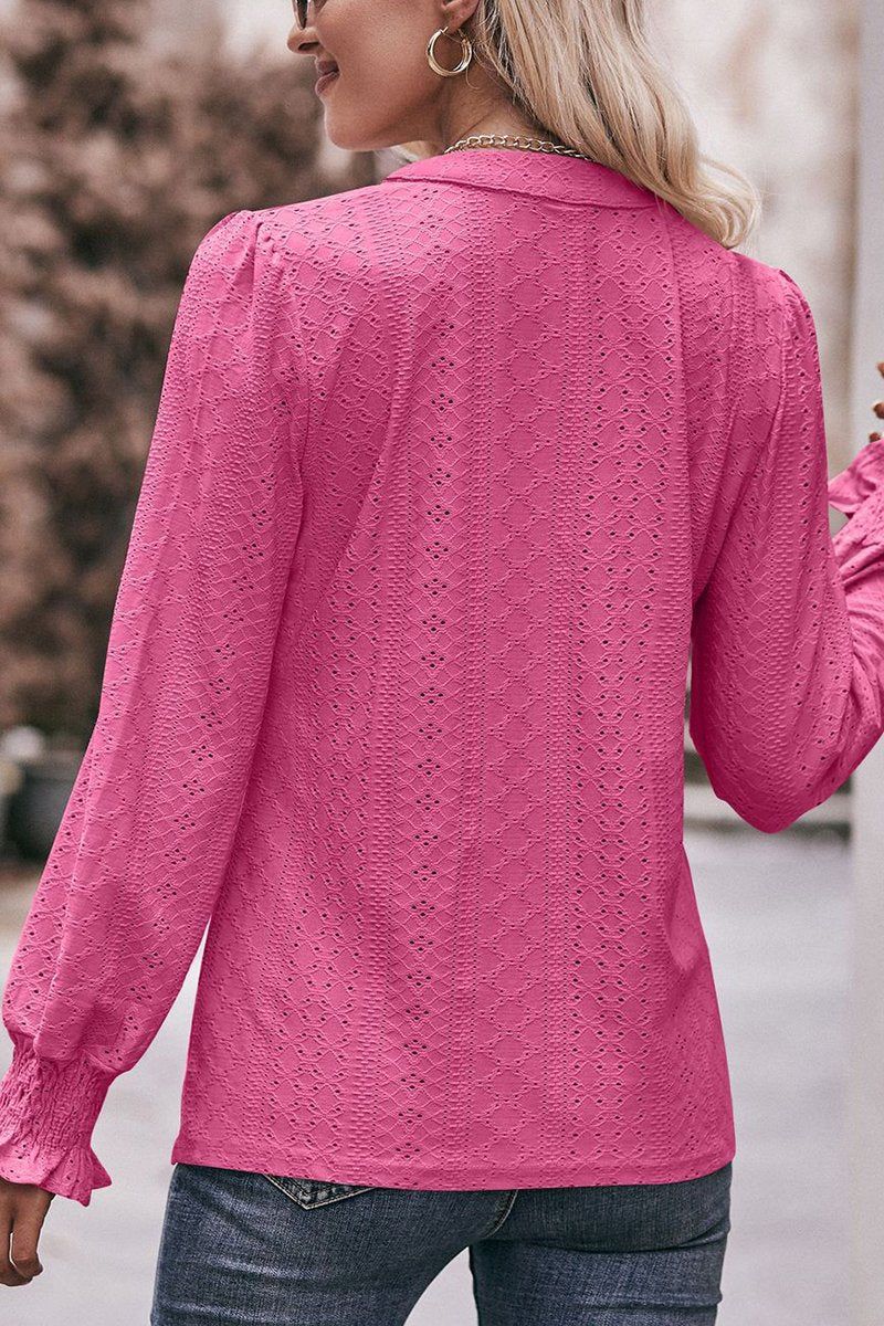 WOMEN EYELET SMOCKED CUFF SLEEVE V NECK BLOUSE