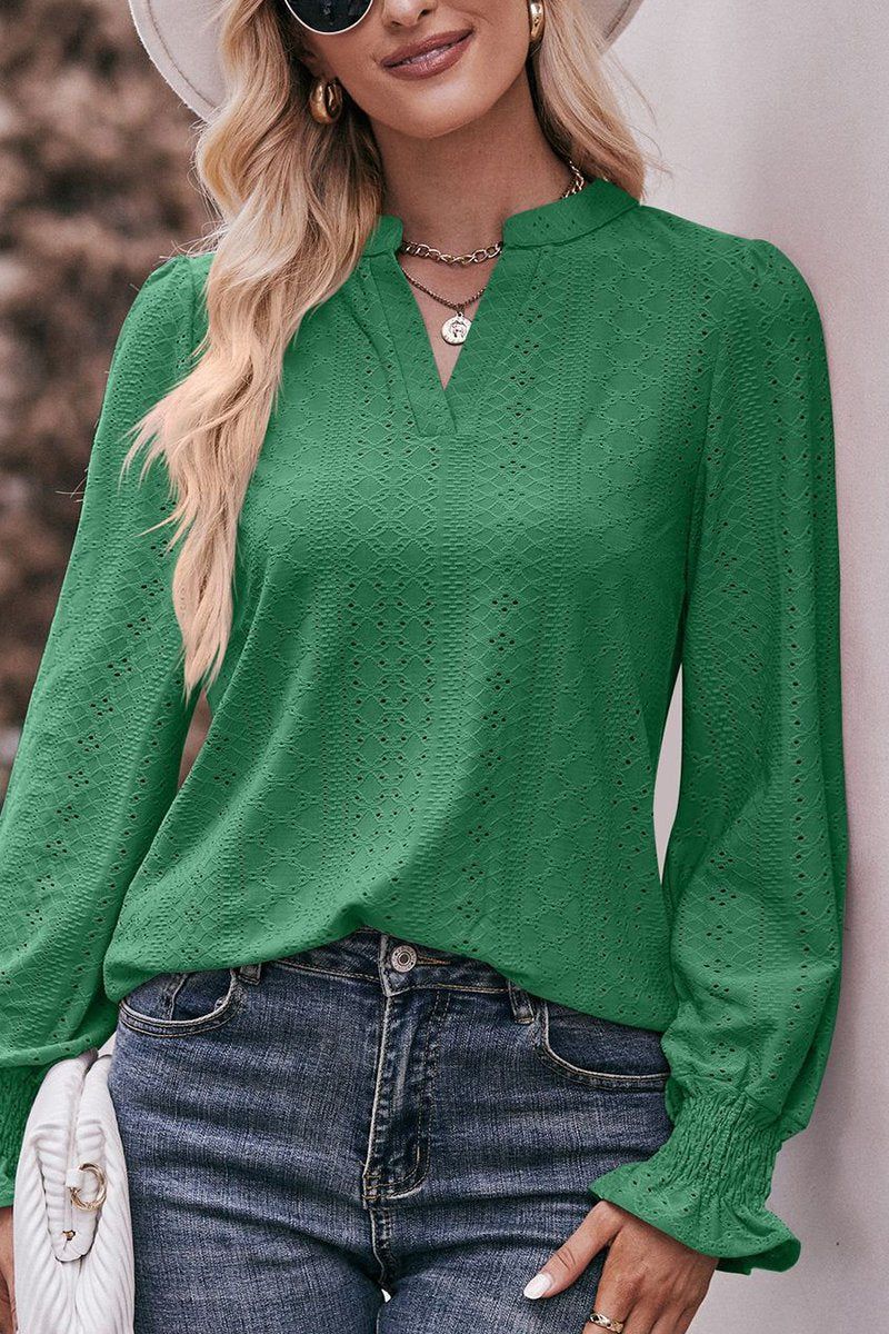 WOMEN EYELET SMOCKED CUFF SLEEVE V NECK BLOUSE