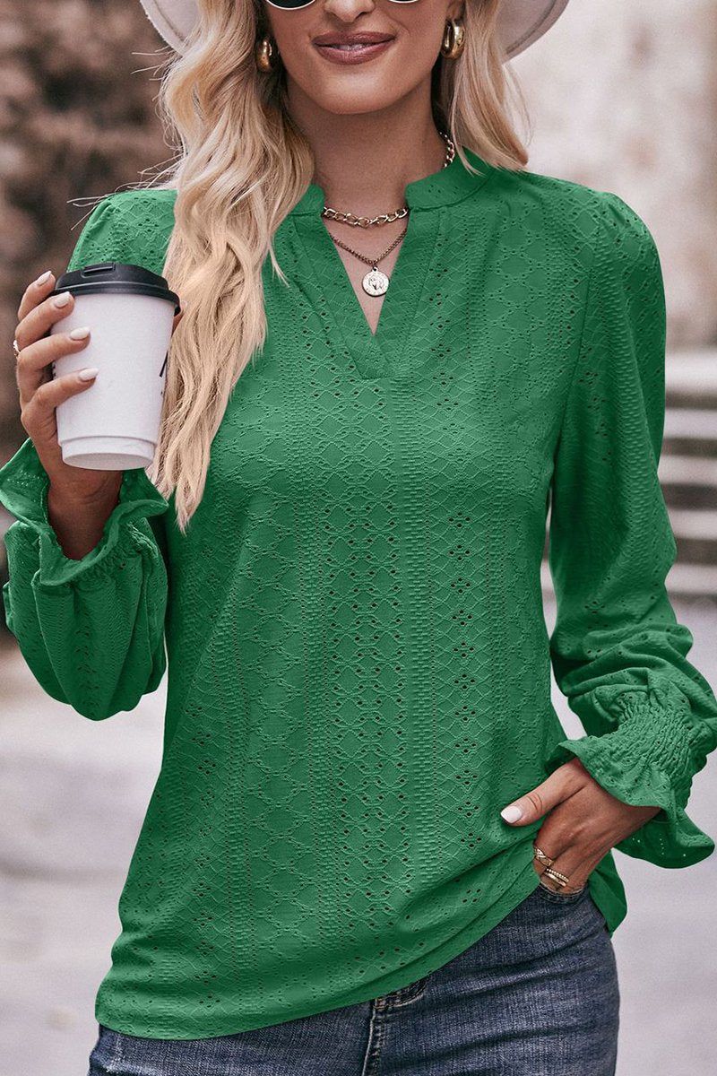 WOMEN EYELET SMOCKED CUFF SLEEVE V NECK BLOUSE