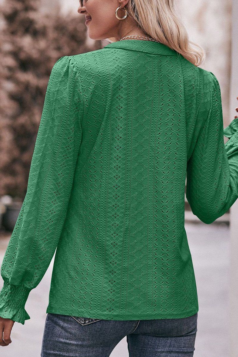 WOMEN EYELET SMOCKED CUFF SLEEVE V NECK BLOUSE