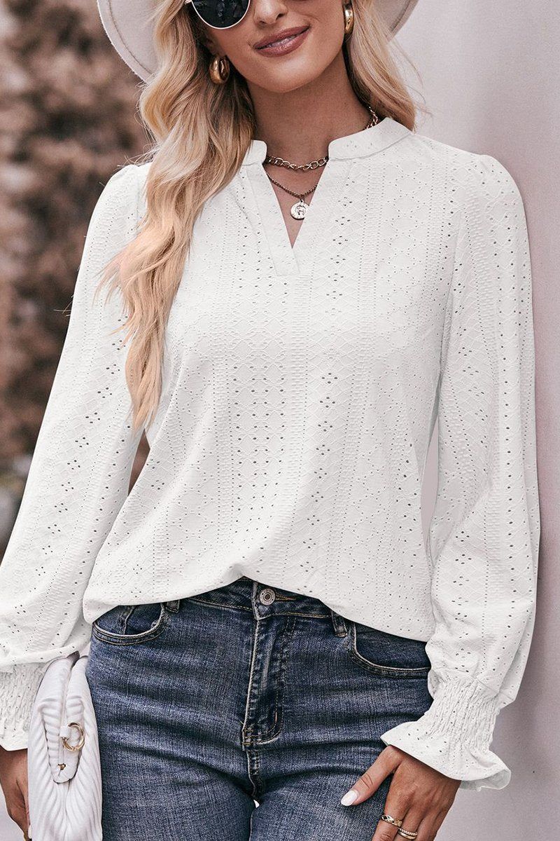 WOMEN EYELET SMOCKED CUFF SLEEVE V NECK BLOUSE