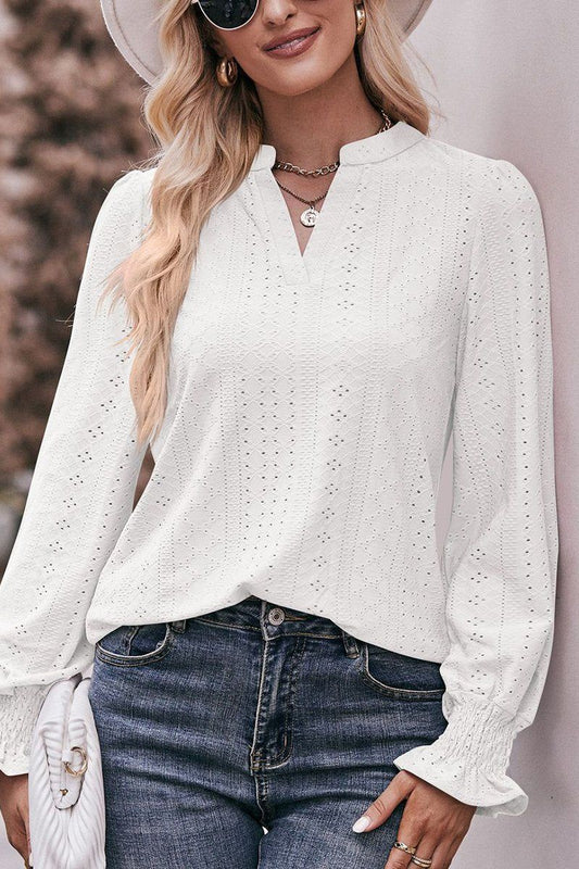 WOMEN EYELET SMOCKED CUFF SLEEVE V NECK BLOUSE