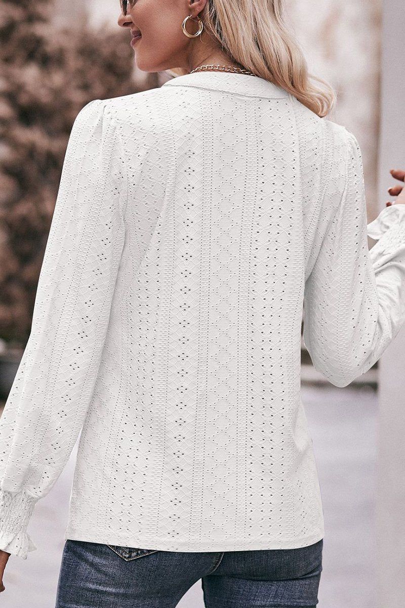 WOMEN EYELET SMOCKED CUFF SLEEVE V NECK BLOUSE