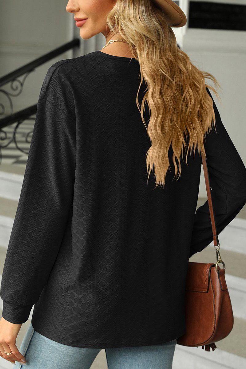 BUTTON DECKED V NECK PATTERN STITCHED BLOUSE