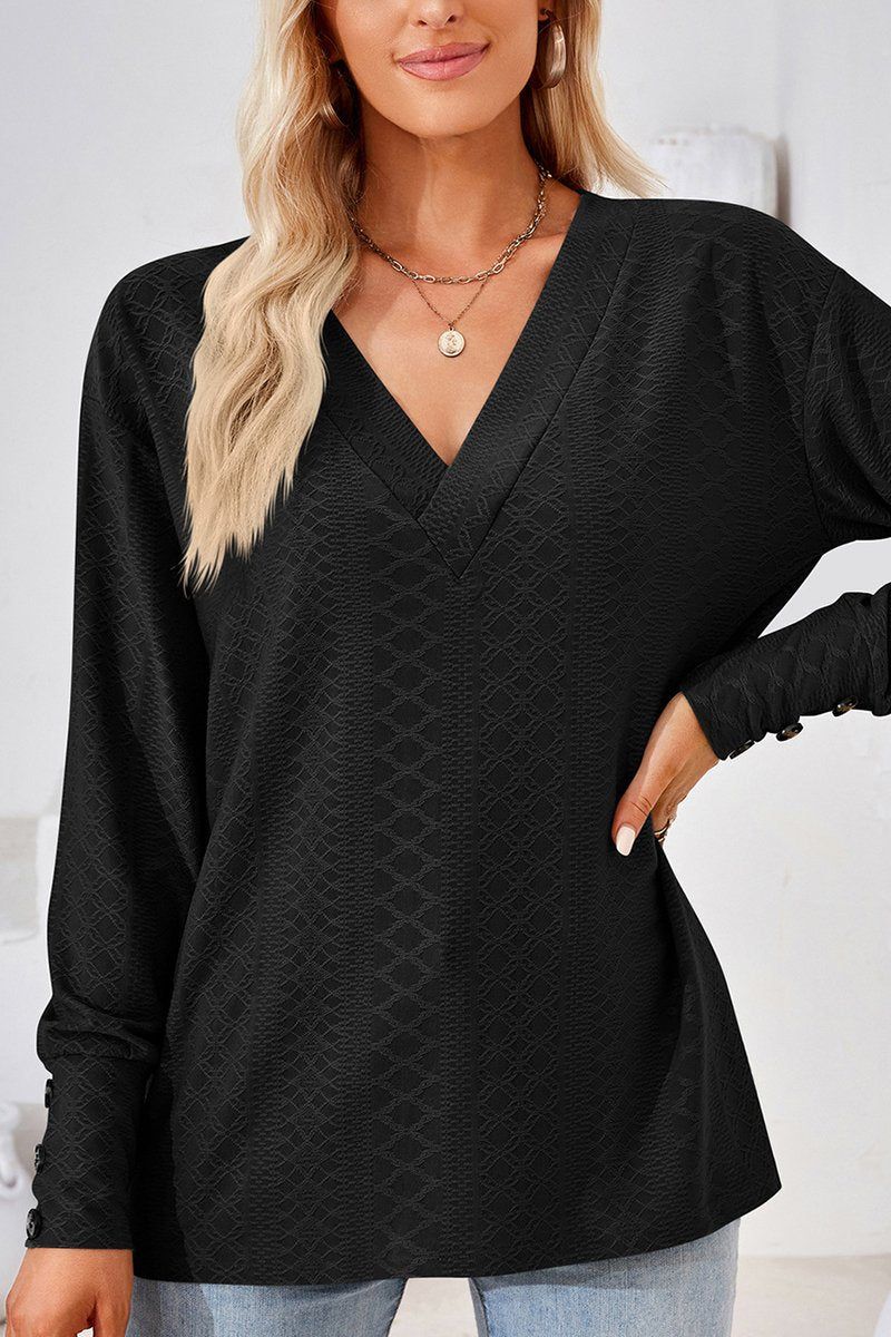 WOMEN V NECK BUTTONED CUFF LOOSE FIT BLOUSE