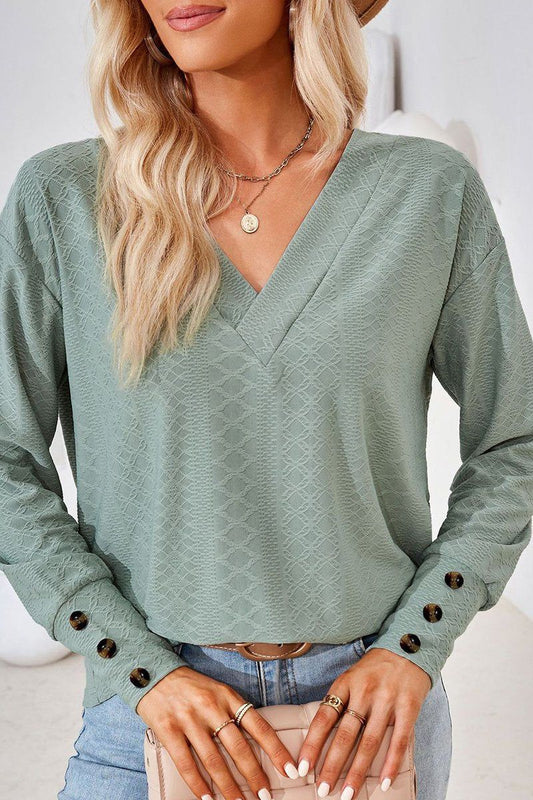 WOMEN V NECK BUTTONED CUFF LOOSE FIT BLOUSE
