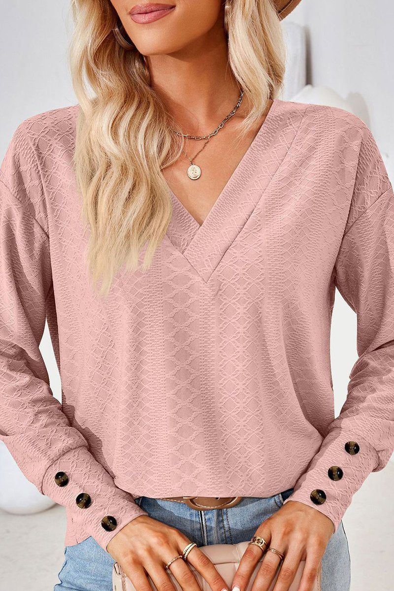 WOMEN V NECK BUTTONED CUFF LOOSE FIT BLOUSE