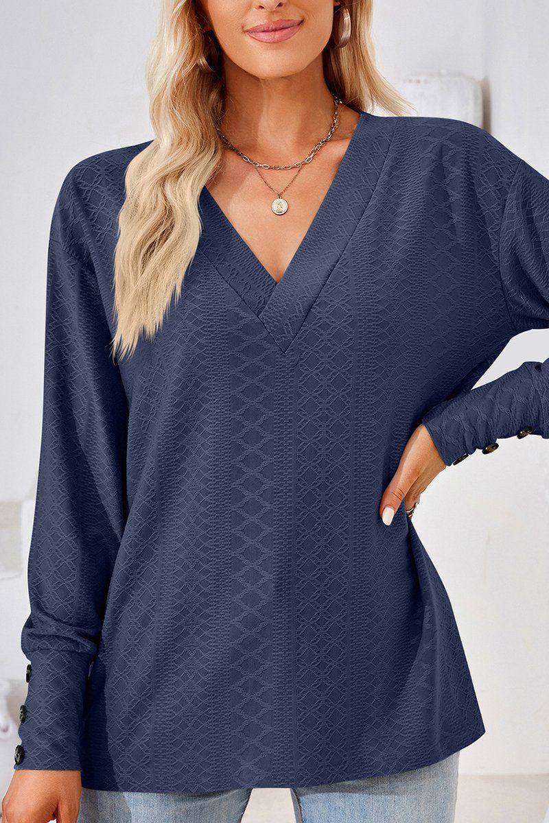 WOMEN V NECK BUTTONED CUFF LOOSE FIT BLOUSE