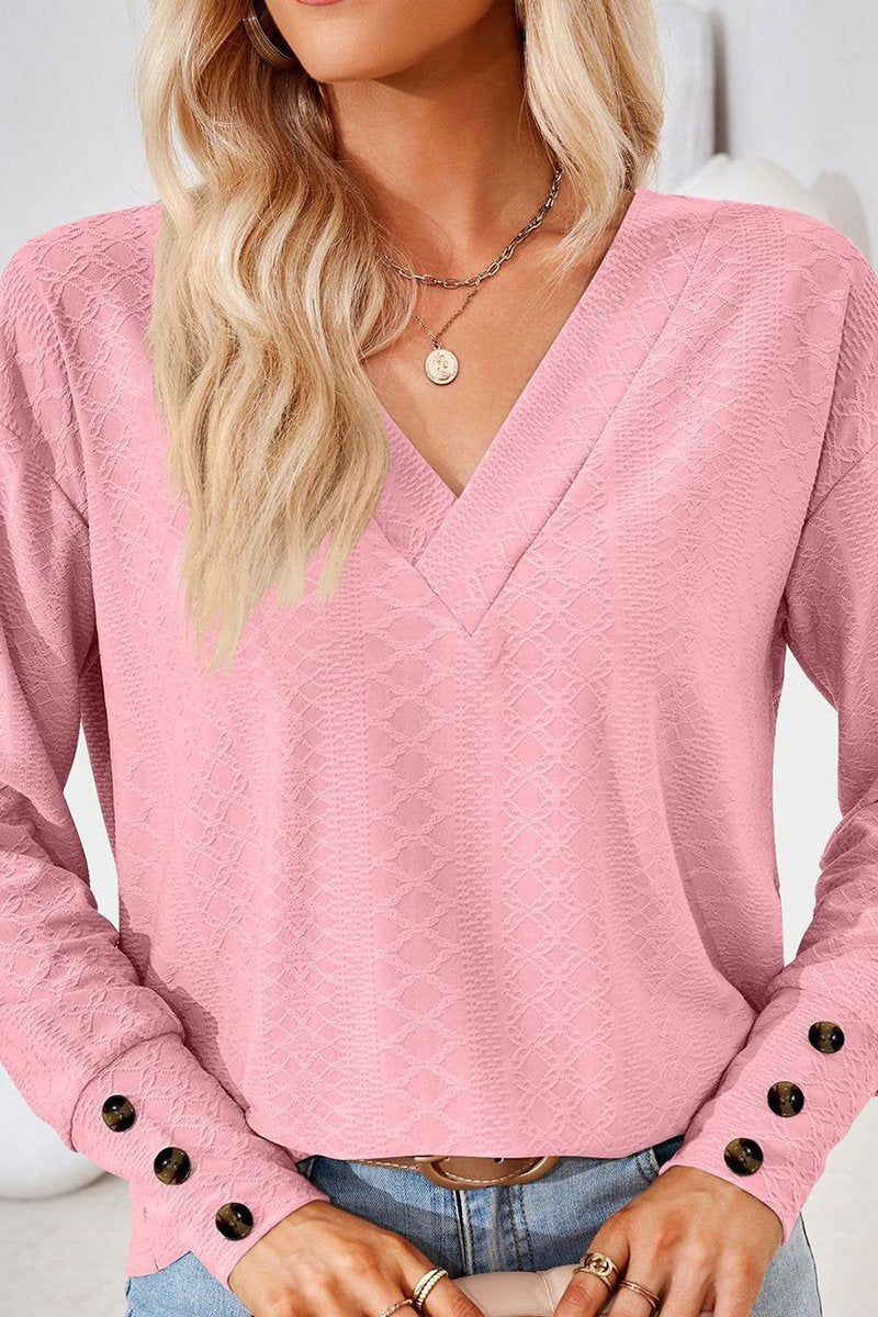 WOMEN V NECK BUTTONED CUFF LOOSE FIT BLOUSE