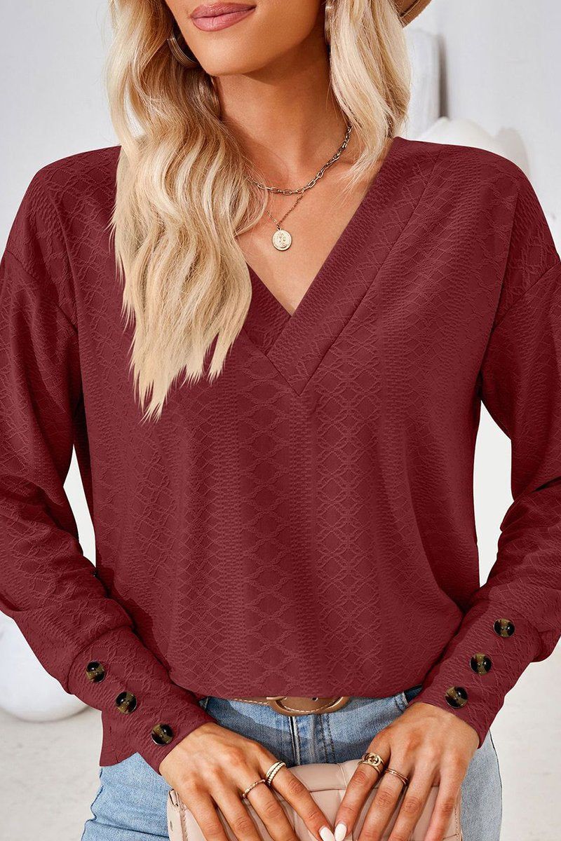 WOMEN V NECK BUTTONED CUFF LOOSE FIT BLOUSE