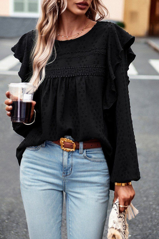 LACE TRIM FRILL LONG LSEEVE SWISS DOT BLOUSE