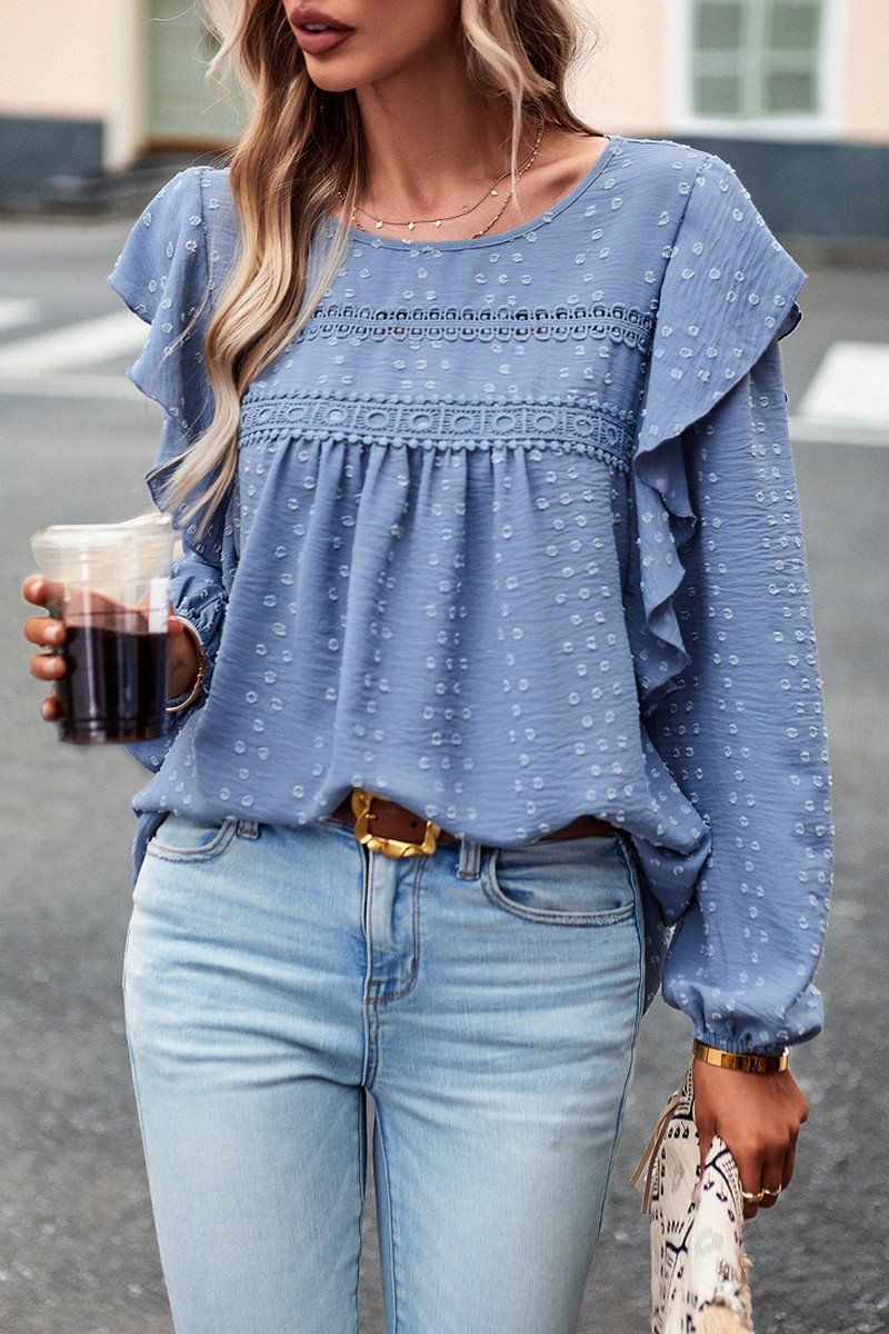 LACE TRIM FRILL LONG LSEEVE SWISS DOT BLOUSE
