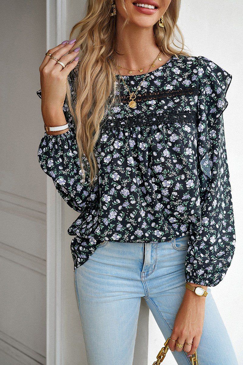 WOMEN LACE TRIM FRILL ANGEL SLEEVE FLORAL BLOUSE