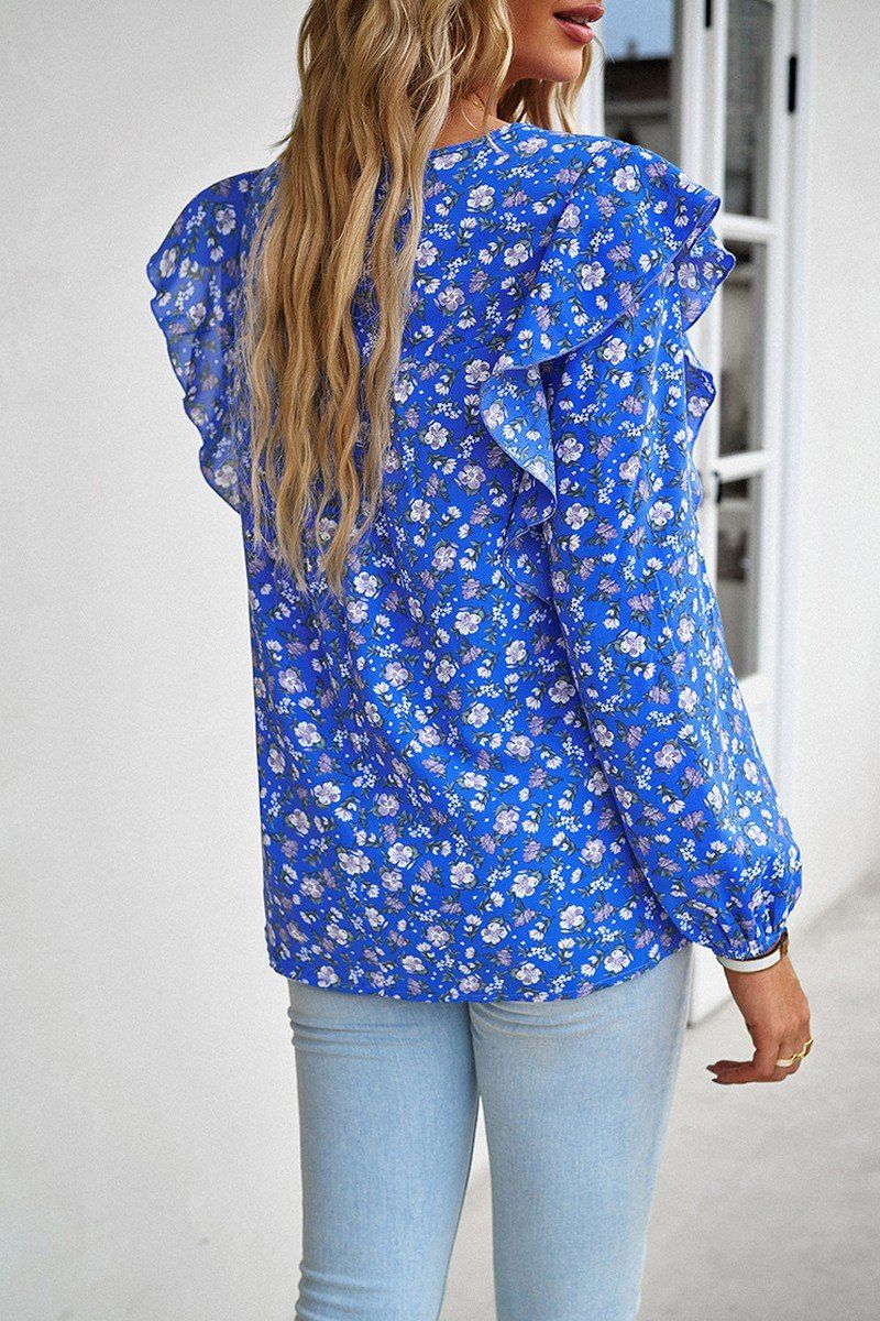 WOMEN LACE TRIM FRILL ANGEL SLEEVE FLORAL BLOUSE