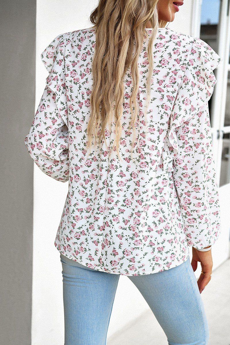 WOMEN LACE TRIM FRILL ANGEL SLEEVE FLORAL BLOUSE