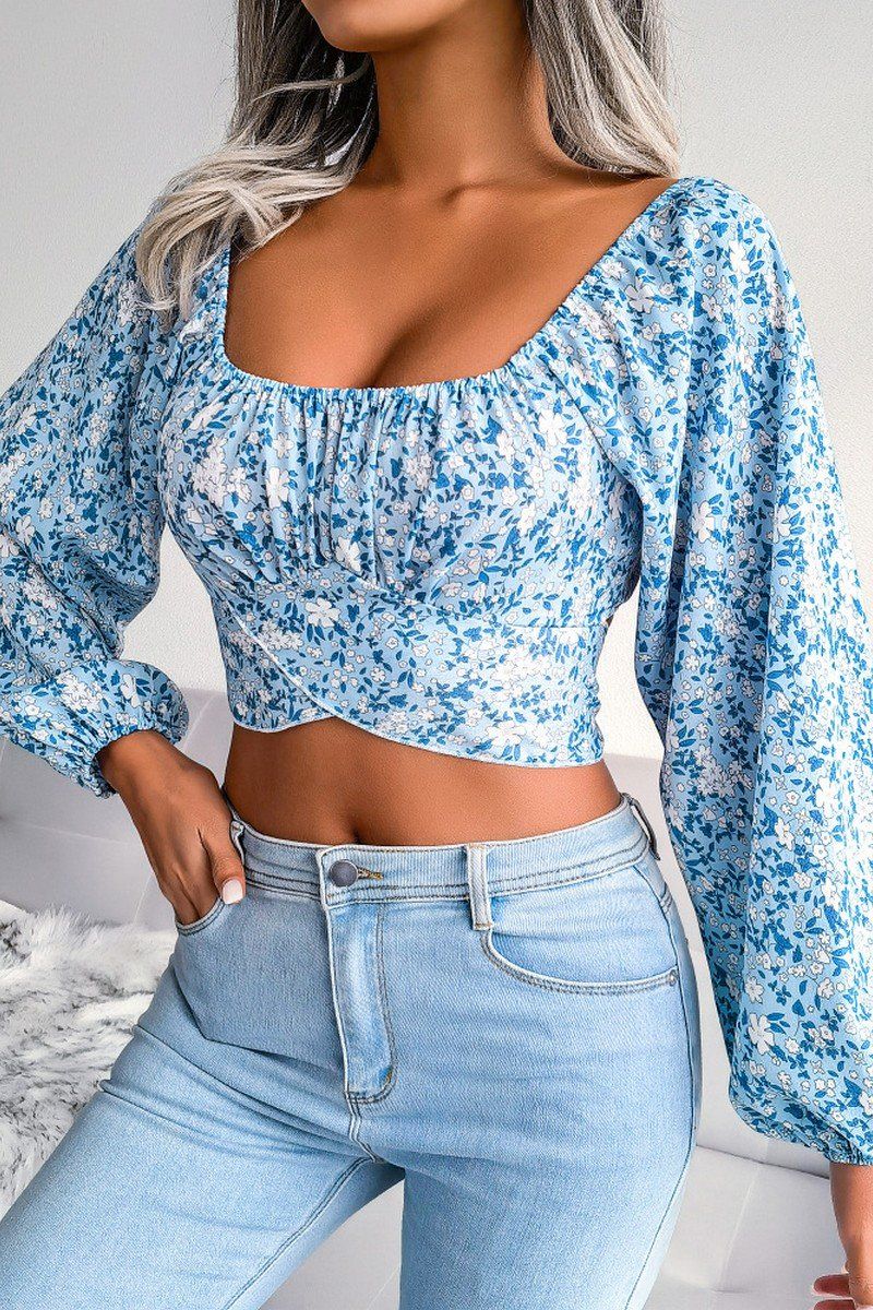 LANTERN SLEEVE BOW FLORAL CHIFFON CROP BLOUSE