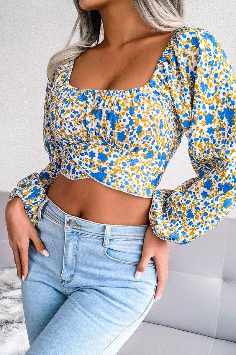 LANTERN SLEEVE BOW FLORAL CHIFFON CROP BLOUSE