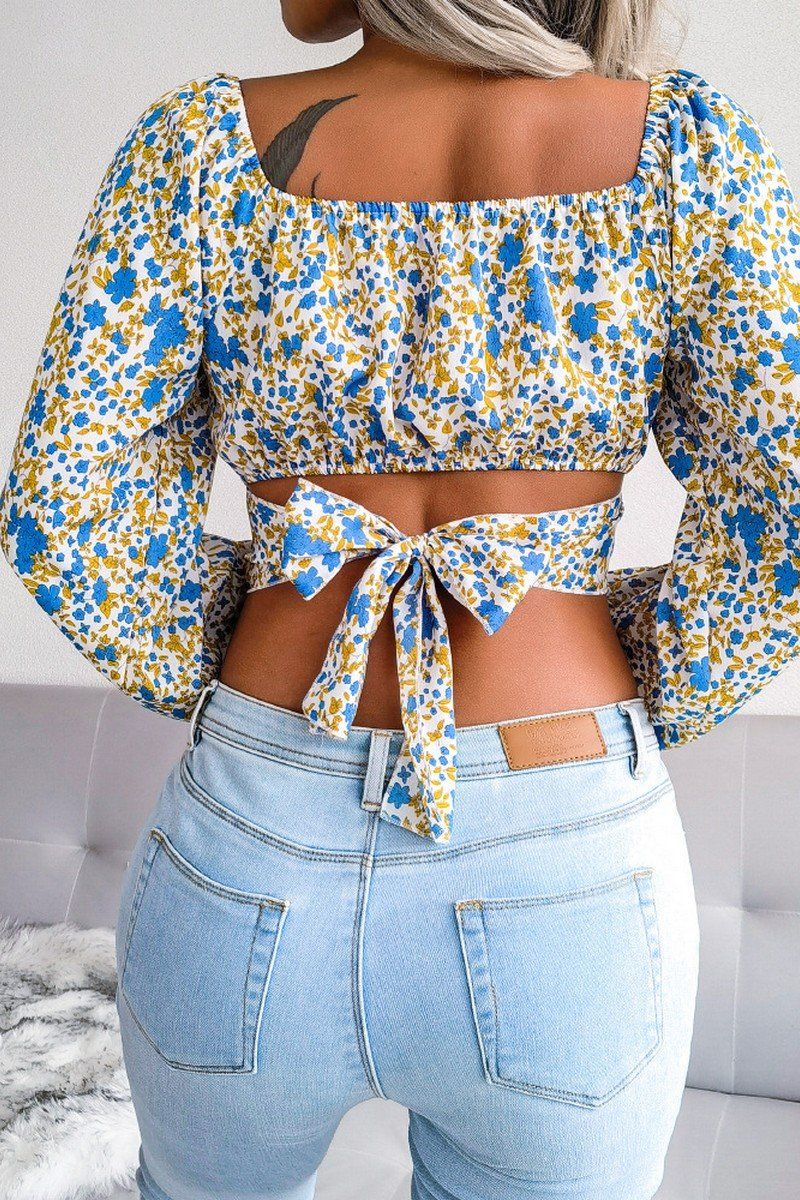 LANTERN SLEEVE BOW FLORAL CHIFFON CROP BLOUSE