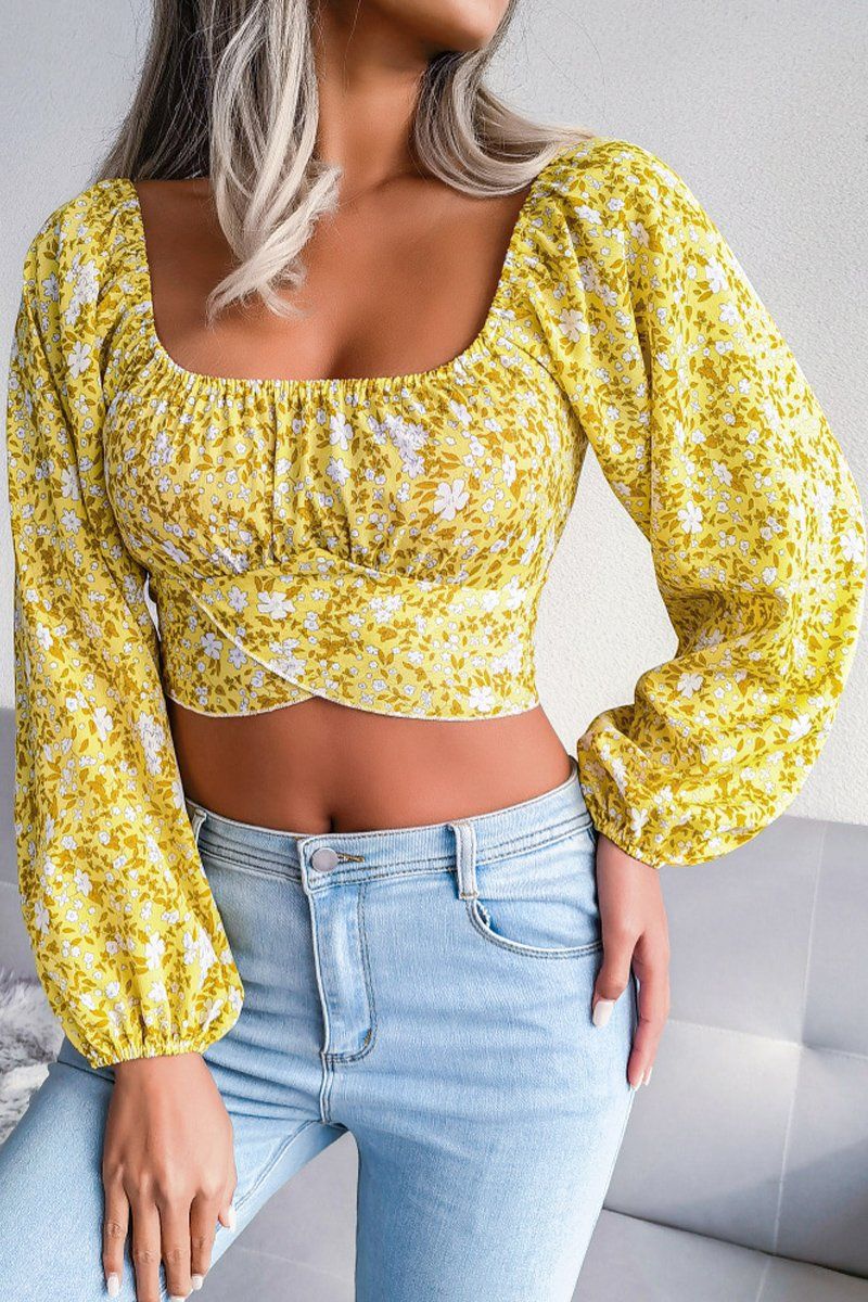 LANTERN SLEEVE BOW FLORAL CHIFFON CROP BLOUSE