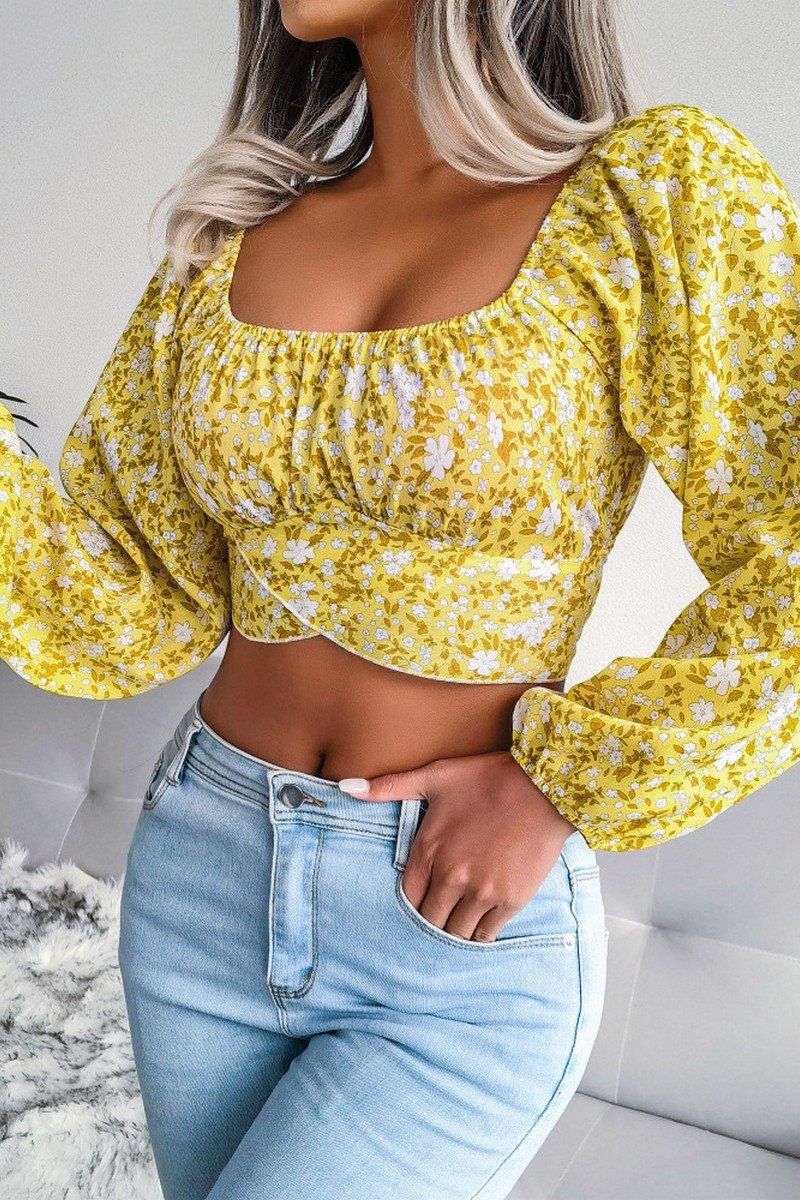 LANTERN SLEEVE BOW FLORAL CHIFFON CROP BLOUSE