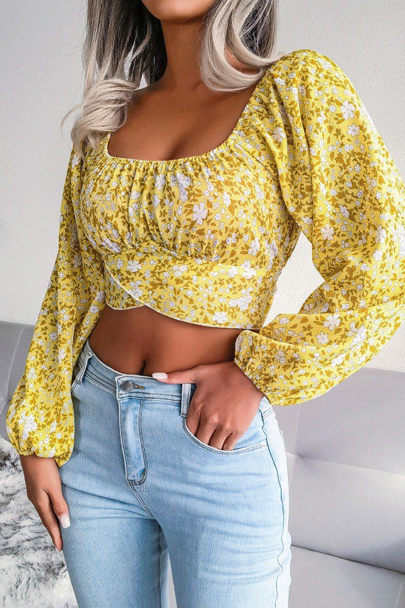 LANTERN SLEEVE BOW FLORAL CHIFFON CROP BLOUSE