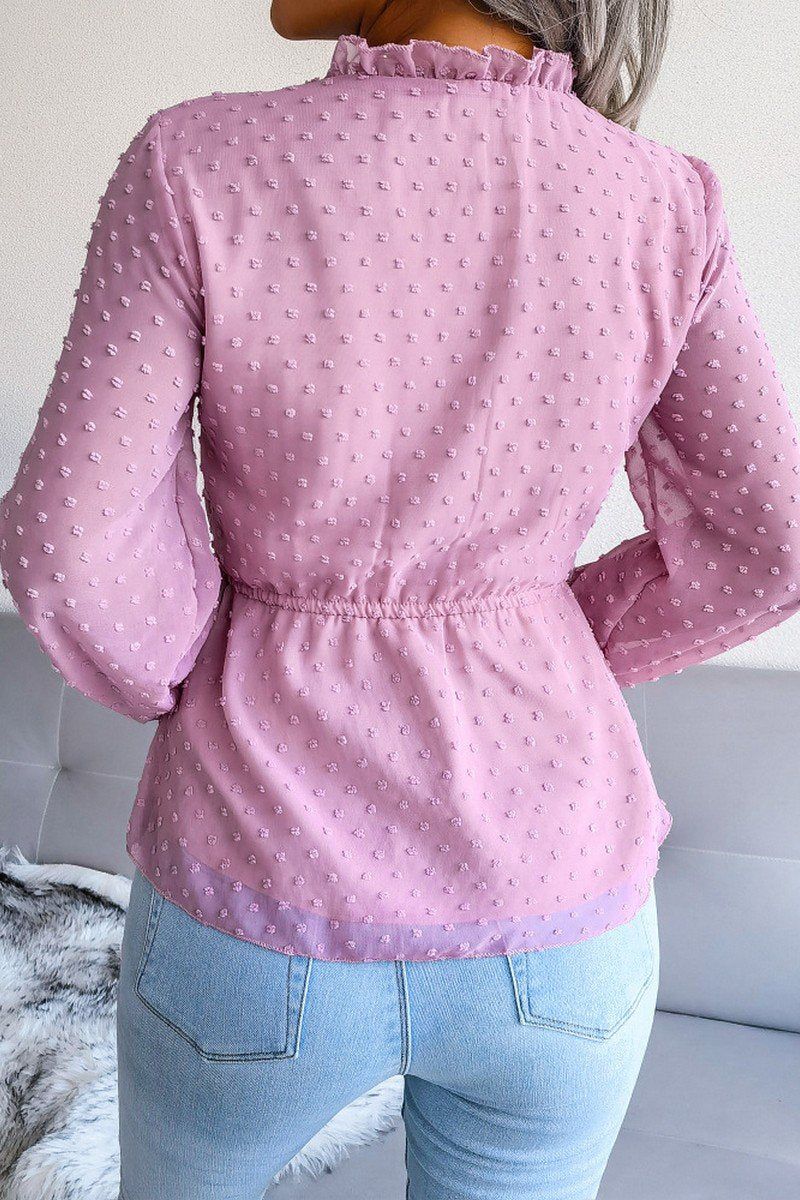 LANTERN SLEEVE RUFFLED SWISS DOT CHIFFON TUNIC