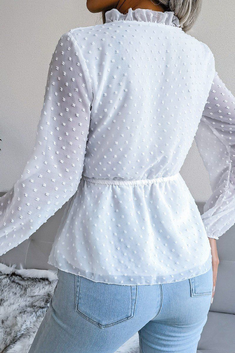 LANTERN SLEEVE RUFFLED SWISS DOT CHIFFON TUNIC