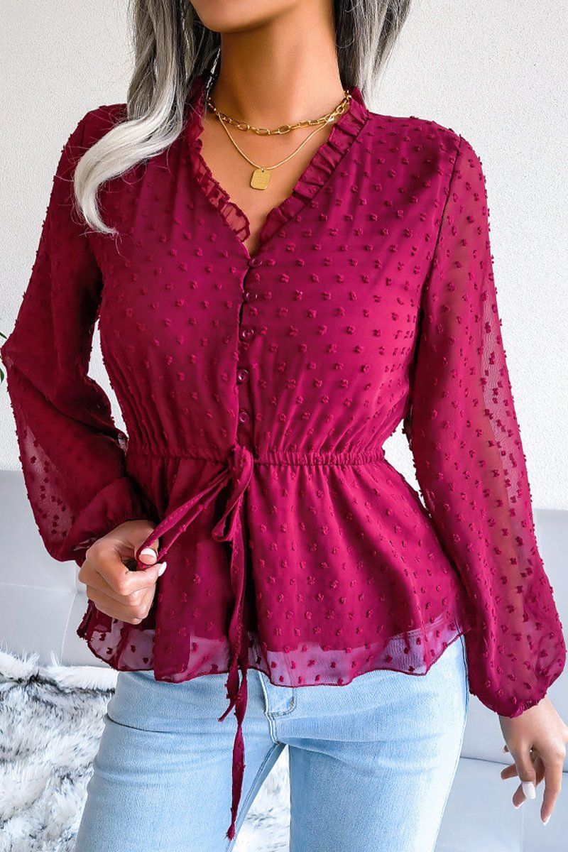 LANTERN SLEEVE RUFFLED SWISS DOT CHIFFON TUNIC