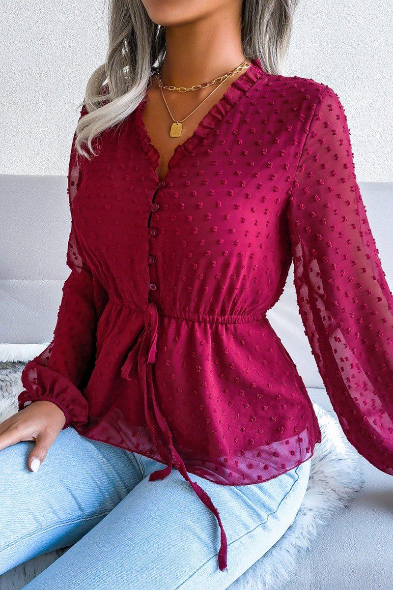 LANTERN SLEEVE RUFFLED SWISS DOT CHIFFON TUNIC