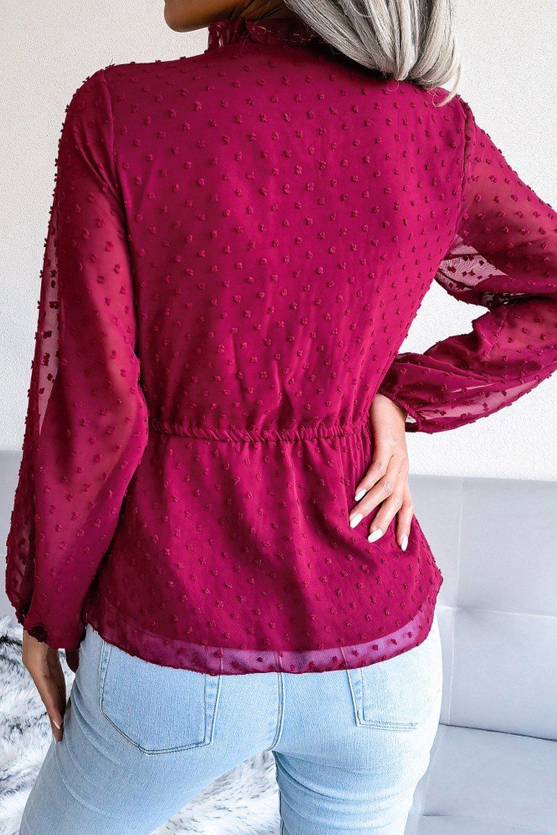 LANTERN SLEEVE RUFFLED SWISS DOT CHIFFON TUNIC