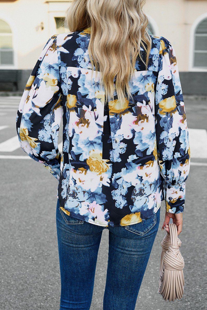 FLORAL PRINTING BUTTON UP FITTED CUFF BLOUSE