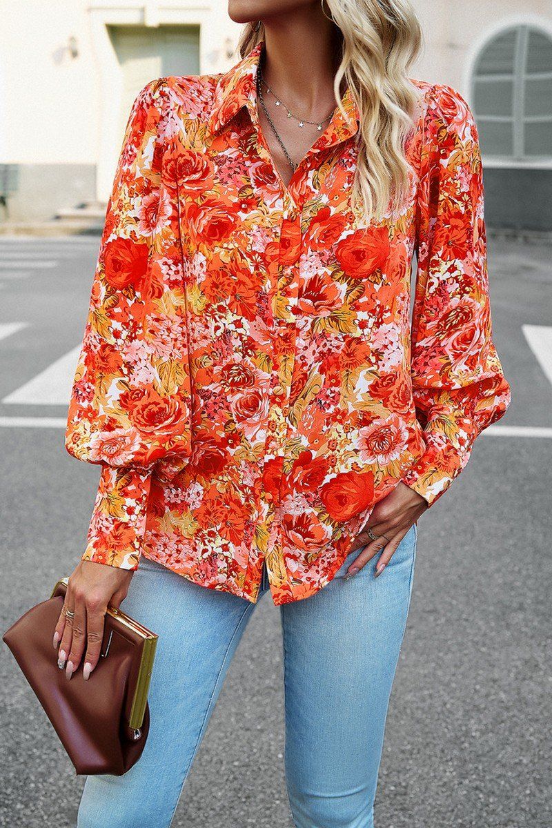 FLORAL PRINTING BUTTON UP FITTED CUFF BLOUSE