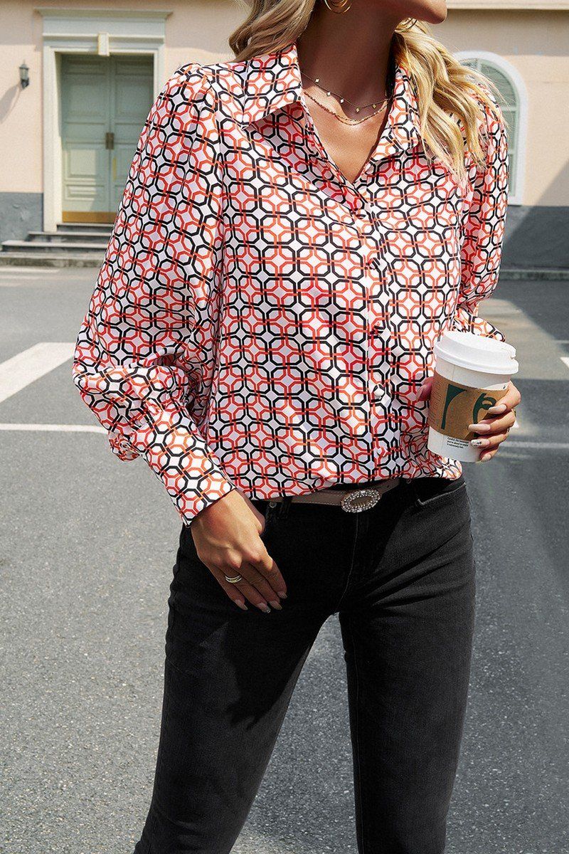 FLORAL PRINTING BUTTON UP FITTED CUFF BLOUSE