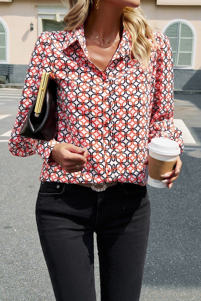 FLORAL PRINTING BUTTON UP FITTED CUFF BLOUSE