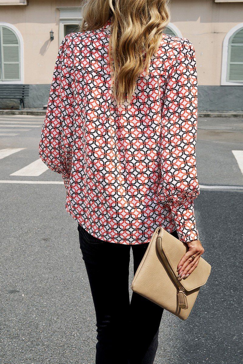 FLORAL PRINTING BUTTON UP FITTED CUFF BLOUSE