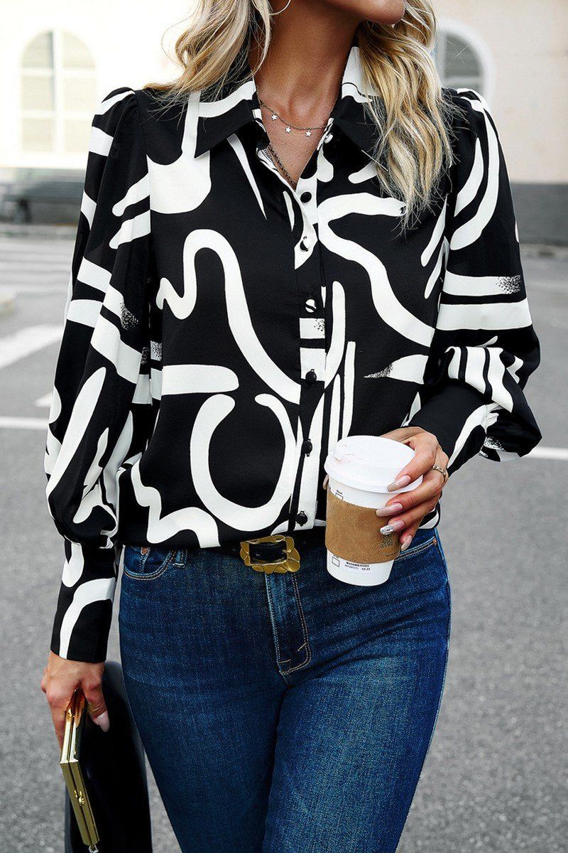 FLORAL PRINTING BUTTON UP FITTED CUFF BLOUSE